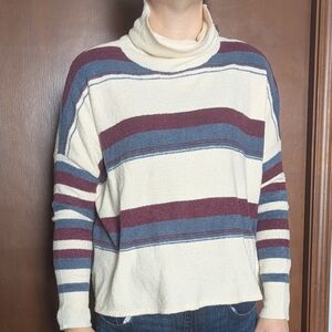 Hem & Thread NWT Striped Cowl Neck Sweater M/L Cream Burgundy Blue Cozy